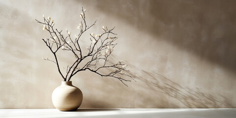 Clay vase with blossom twig on concrete floor near beige stucco wall. Home decor background with copy space. Minimalist interior design of modern living room. Created with generative AI