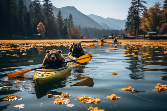 bear in the boat on the lake