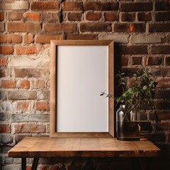 A wooden frame mockup set against an exposed brick backdrop, exuding a distinct rustic charm. Generative AI