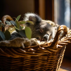 A cute little koala sleeps in a wicker basket near a window with sunlight falling.Generative AI