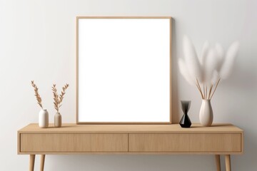 A frame mockup placed against a minimalistic backdrop of light brown and white hues, accompanied by empty frames and vases on a wooden table. Generative AI