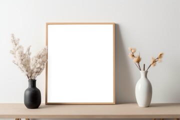 A frame mockup placed against a minimalistic backdrop of light brown and white hues, accompanied by empty frames and vases on a wooden table. Generative AI