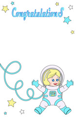 Greeting card with little astronaut girl on white background. Cartoon vector illustration of cute character. Copy space.