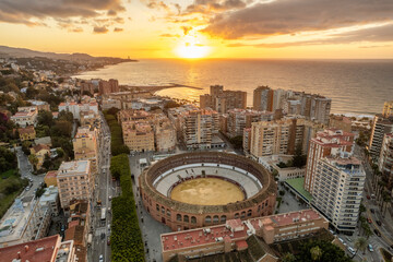 Plaza de toros de La Malagueta in Malaga at sunset, Spain.