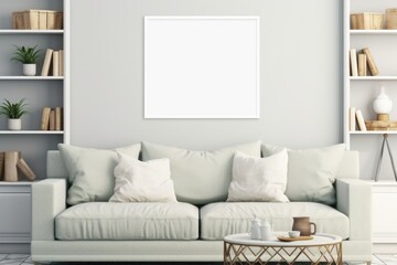 frame mockup on white wall. Modern living room design Generative AI