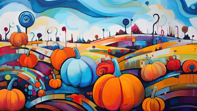 Abstract Pumpkin Patch. An Artistic And Abstract Composition Showcasing A Field Of Pumpkins In Unconventional Shapes And Vibrant Colors. Contemporary Halloween.