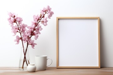 Obraz na płótnie Canvas Mockup frame, A white mockup frame surrounds a kitchen scene with orchids against a clean white background, exuding a minimalist and modern aesthetic. Generative AI