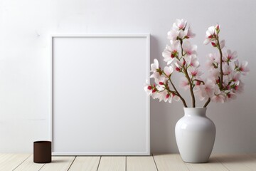 Mockup frame, White Background Kitchen Mockup with Orchid-Adorned Frame. Generative AI