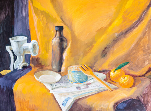 hand-painted still life with meat grinder, ceramic bottle, canned food, stack of newspapers, tangerines on table painted on paper with tempera paints
