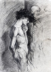 hand-drawn study reproduction of fragment of drawing Nude figure of a man in profile, reflecting the sculpture by Maria Fortuny (original from 1860-th years) drawn drawn with charcoal on white paper
