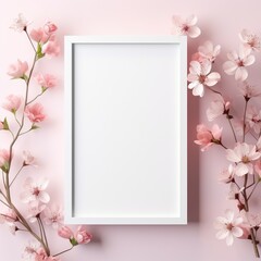 Mockup frame, A delicate, pastel-colored mockup frame against a flowery wallpaper. Generative AI