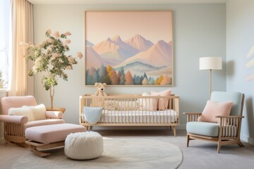 A nursery designed in soft pastel colors, complete with a crib, rocking chair, and whimsical wall art. Generative AI
