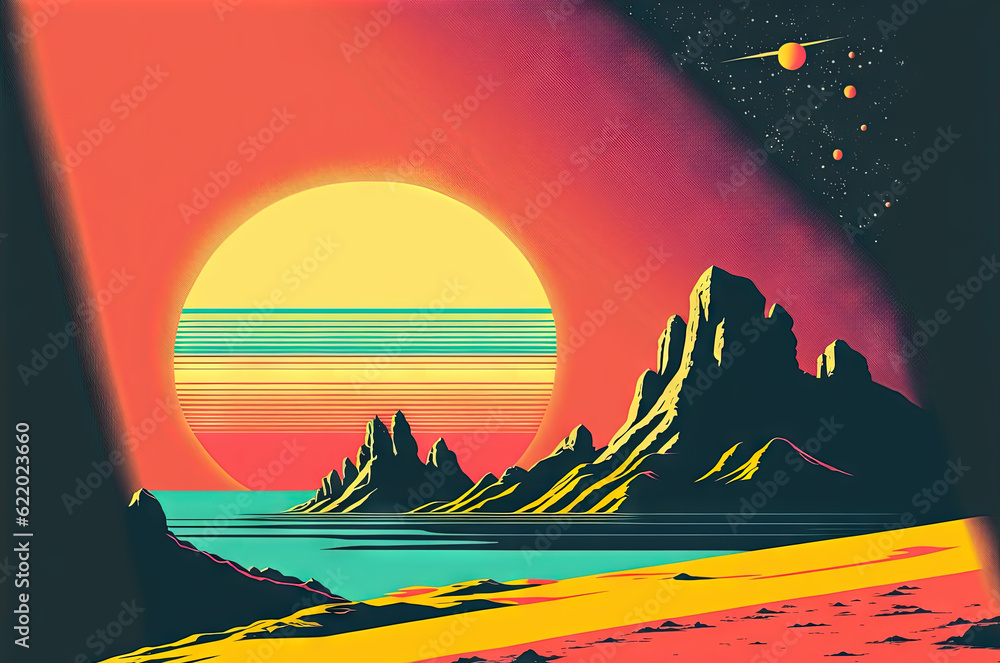 Poster retro styled sci-fi landscape with mountains. retro futuristic science fiction illustration in drawi