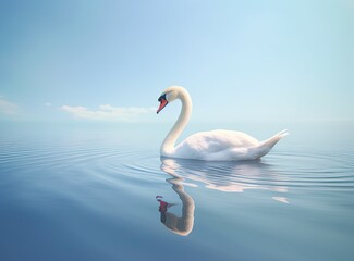 Fototapeta premium White swan in the foggy lake at the dawn. Morning lights. Romantic background. Beautiful swan. Cygnus. Romance of white swan with clear beautiful landscape. Created with Generative AI technology.