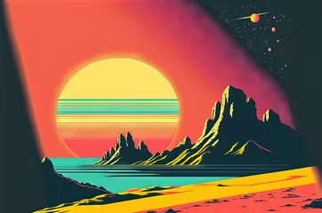 Fototapeten Retro styled sci-fi landscape with mountains. Retro futuristic science fiction illustration in drawing style with alien sun. Generated AI. © swillklitch