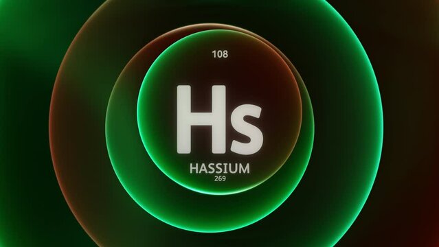 Hassium as Element 107 of the Periodic Table. Concept animation on abstract green red gradient rings seamless loop background. Title design for science content and infographic showcase backdrop.