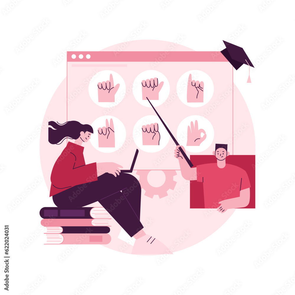 Poster sign language classes abstract concept vector illustration. study sign language translation, voicele