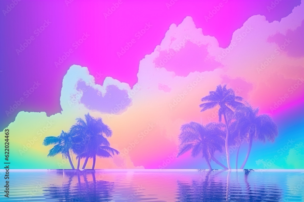 Wall mural palm trees and rainbow 80s landscape in vaporwave style. retrowave vacation background with tropical