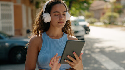 Young beautiful hispanic woman watching video on touchpad at street