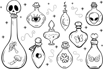 Magic Bottle Set, Halloween Potion Coloring Book Hand Drawn Illustration