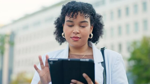 City, tablet and professional woman typing morning schedule, business agenda or check online news report. Outdoor travel, urban commute and walking person reading social media article, blog or email