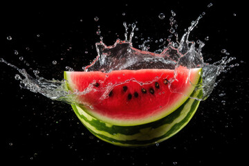 Dynamic Watermelon Splash: Watermelon on a Dark Background with Water Splash - Generative AI