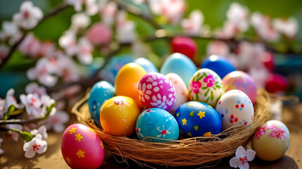 Fototapeta na wymiar colored Easter eggs in a basket, celebration of religious holidays, made with Generative AI