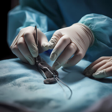 Close-up of a surgeon's hands performing a delicate procedure. AI Generated Image