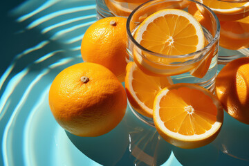 Creative Citrus: Oranges on a Blue Background - Generative AI
