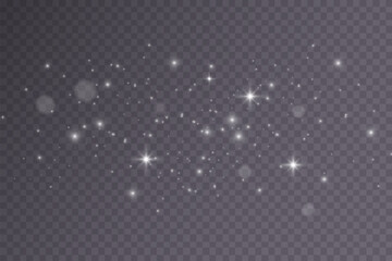 White png dust light. Bokeh light lights effect background. Christmas background of shining dust Christmas glowing light bokeh confetti and spark overlay texture for your design.