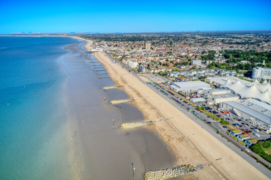 Aerial view along the coastline of Bognor Regis a popular seaside resort in West Sussex, Southern England.