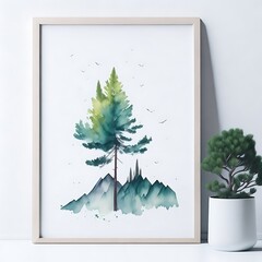 Watercolor Pine Tree And Mountains Wall Art, Forest Wild Nature, Generative AI 