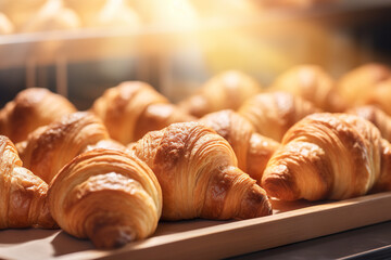 Freshly baked croissants on a tray in the bakery.