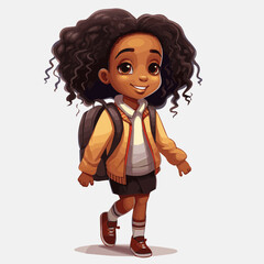 simple cartoon clipart black african american girl student child going to school white background