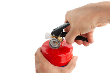 Concept of handling fire extinguishers, the hand squeezes on the fire extinguisher lever, on an white background, close-up