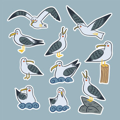 Set of isolated seagull characters. Flat cartoon illustration of sea birds flying, standing and swimming. Outline elements with white outlines. Ideal for decoration, greeting cards, postcards, sticker