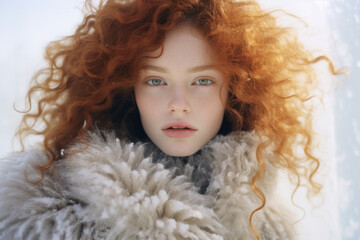 Fototapeta premium portrait of a woman/model/book character in a cold winter setting with warm white clothes close-up fashion/beauty editorial magazine style film photography look - generative ai art 