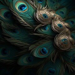 Luxurious background with peacock feathers in modern colors. Abstract background in turquoise, brown and blue