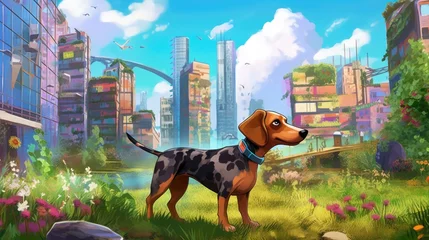 Schilderijen op glas Cartoon scene with dachshund in the city - illustration for children © Ali