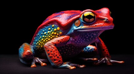 Naklejka premium Colorful red and blue tropical frog on black background, close up