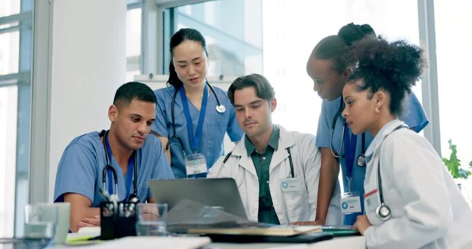 Meeting, healthcare and doctors or nurses on laptop for teamwork, collaboration and hospital online research. Management, planning and medical group of people with hospital results or report analysis