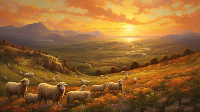 A flock of sheep in the meadow at sunset. Digital painting