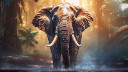 Elephant in the forest. Digital painting. 3D illustration - obrazy, fototapety, plakaty