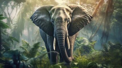 Elephant in the jungle. 3D Rendering. Vintage style