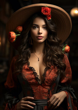 beautiful attractive mexican woman wearing sombrero and outfit . Generative AI