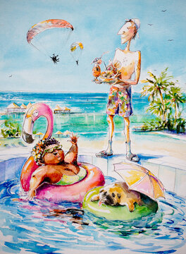 Summer scene. Exotic holidays. The couple is vacationing in the tropics. The lady with the dog swims in the pool, the gentleman serves drinks. Illustration painted with watercolors.