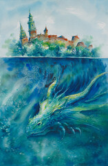Dragon, symbol of polish city Krakow sleeping under Wawel castle in water of Vistula river. Picture created with watercolors.