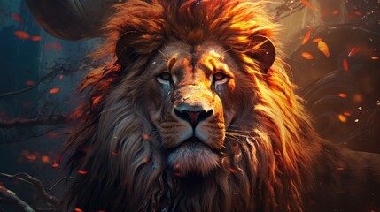 Lion in the forest. Fantasy illustration. 3D rendering