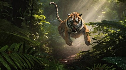 Sumatran tiger running in the jungle, Panthera tigris altaica - obrazy, fototapety, plakaty