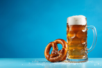 Oktoberfest beer festival background with large beer and a pretzel snack against a blue background